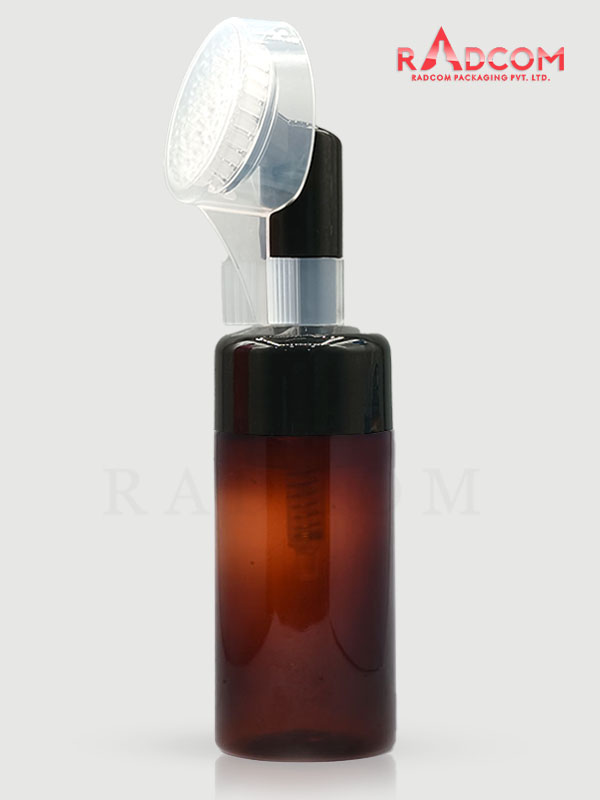 150ML Amber Foaming Bottle with Black Brush Pump with Clear Over Cap